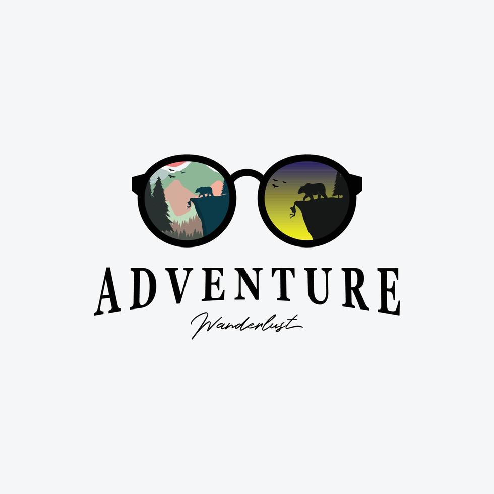 óculos de aventura ao ar livre logotipo vector design ilustração vintage, vamos ver o mundo, urso vs homem, cair do canyon, pastel de fundo
