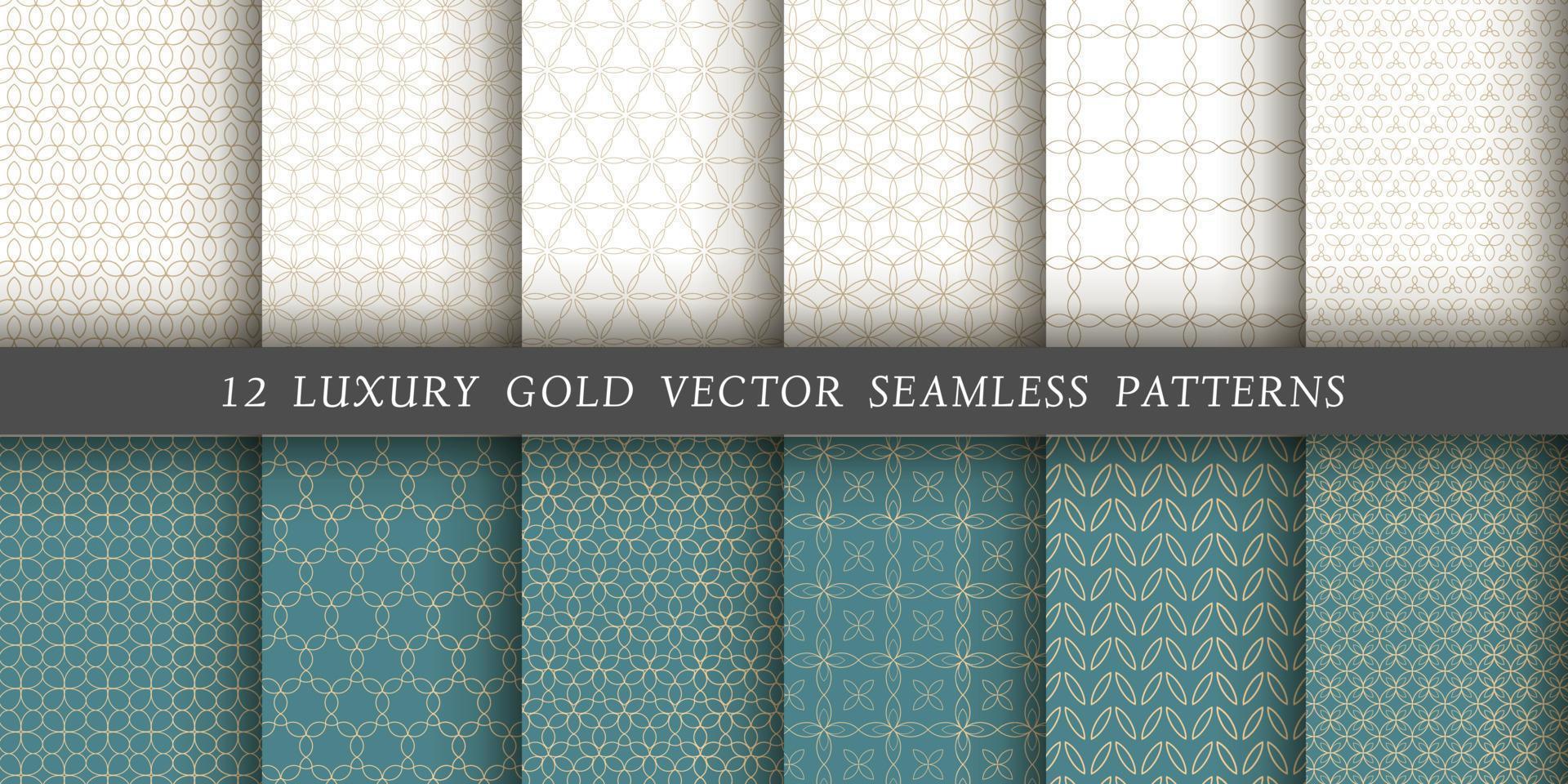 conjunto de 12 padrões sem emenda de vetores. padrões florais de ouro em um branco e esmeralda vetor