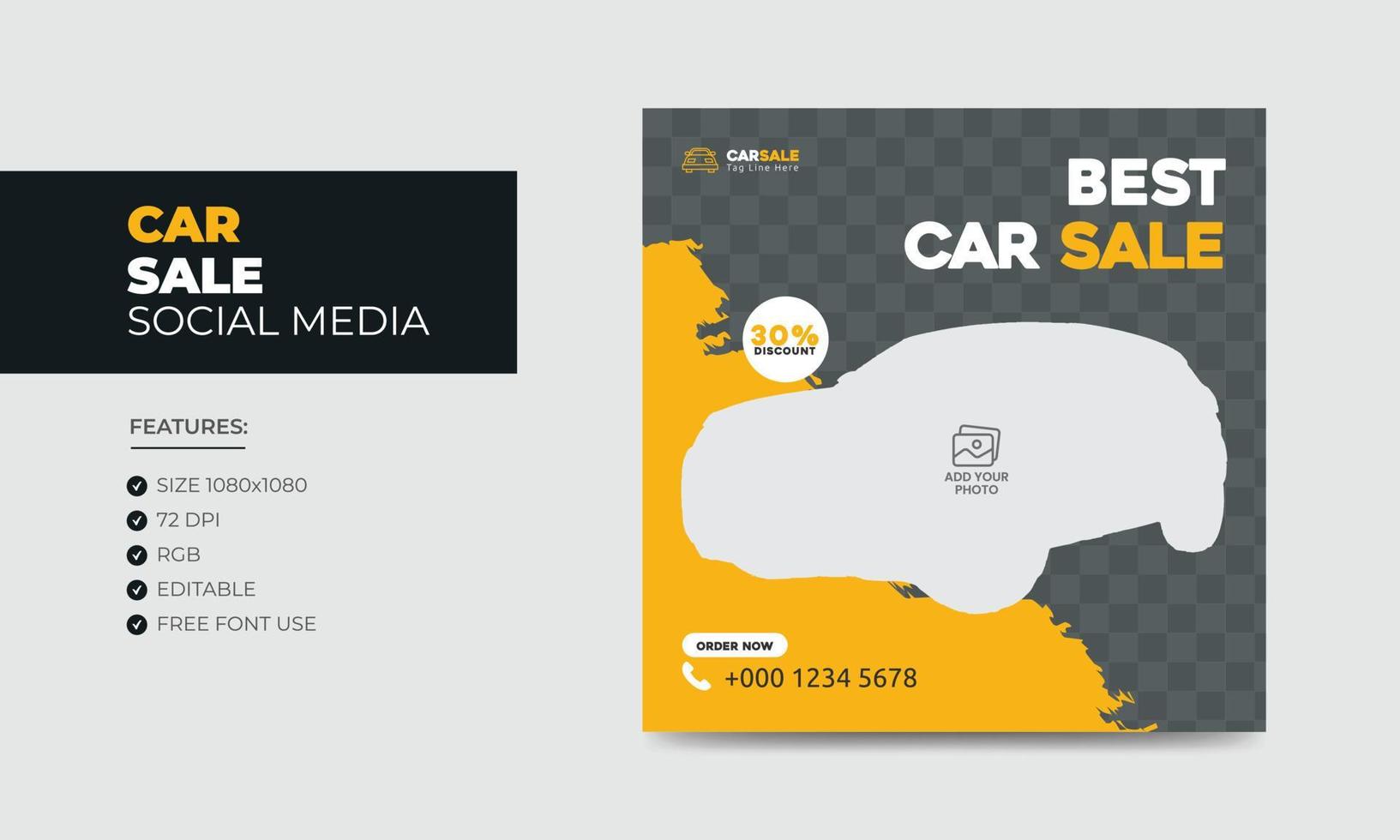 Banner de venda de carros na web, mídia social e design de modelo de  pós-promoção com cores pretas amarelas