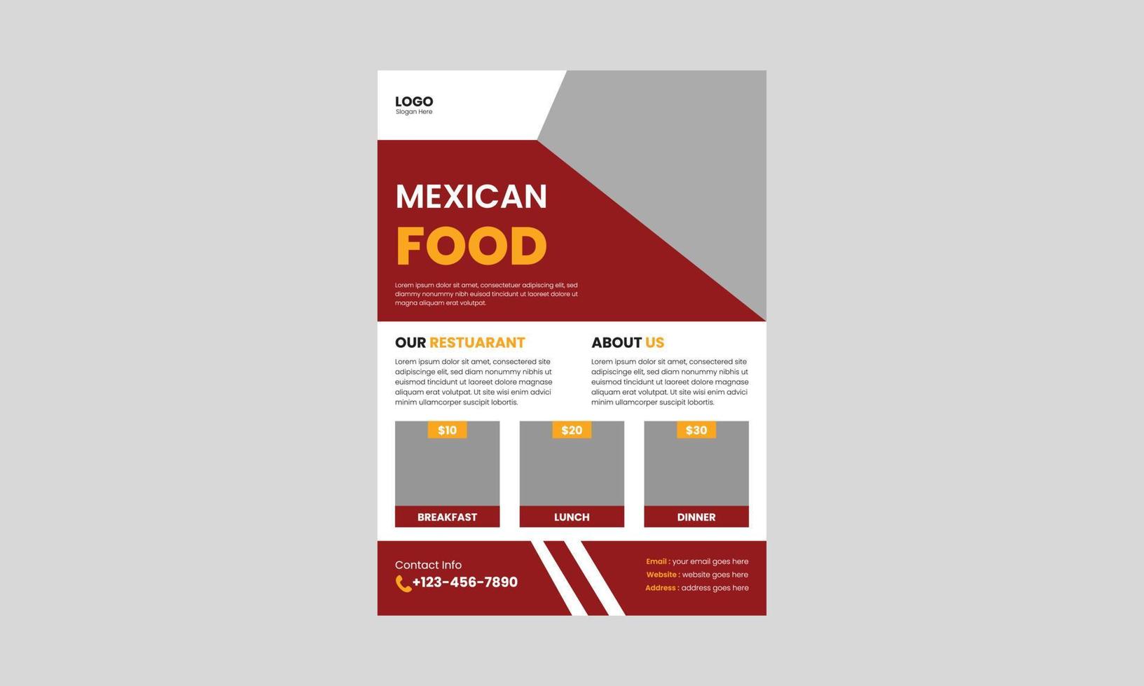 design de modelo de panfleto de comida mexicana. panfleto de comida mexicana deliciosa. design de folheto de cartaz de menu de restaurante de comida mexicana, tamanho a4, panfleto, capa, brochura, pronto para impressão vetor