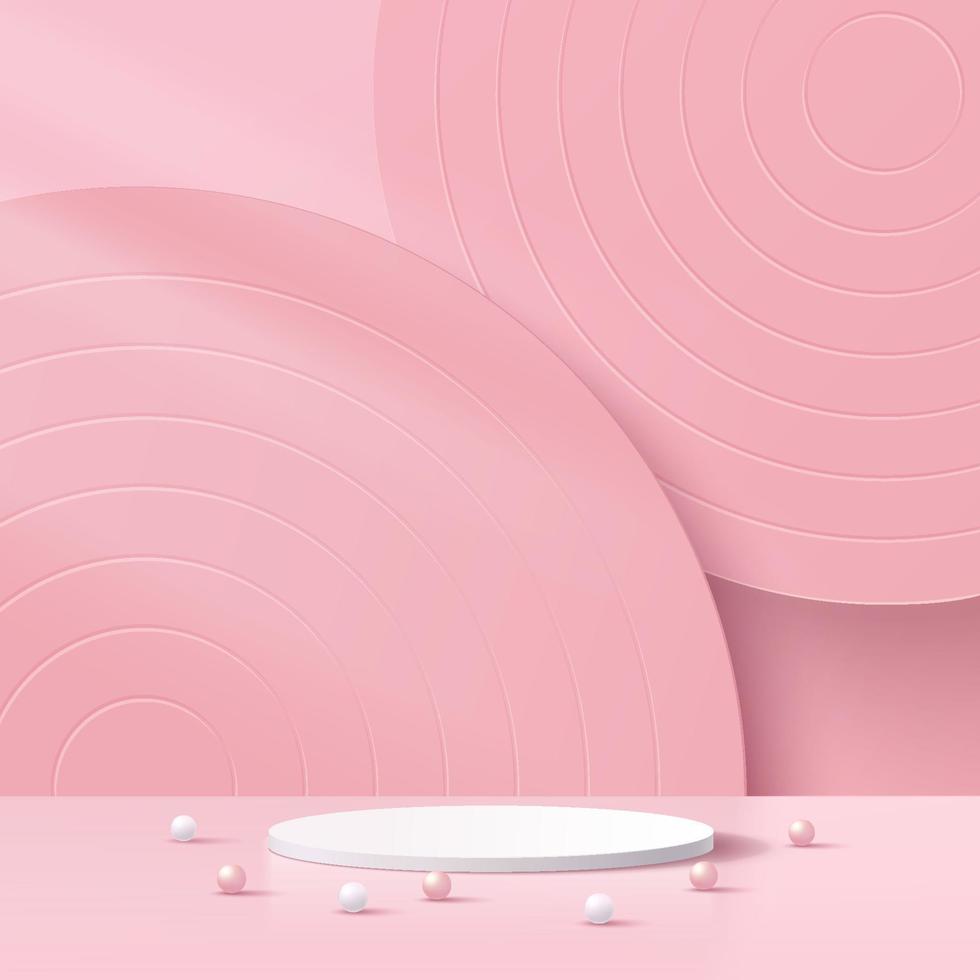 pódio de pedestal de cilindro branco. pano de fundo do círculo geométrico com sombra. cena de parede mínima rosa abstrata. bola de esfera branca e rosa. renderização vetorial de forma geométrica 3d para apresentação de exibição do produto. vetor