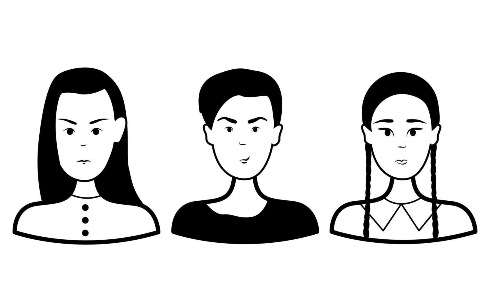 doodle conjunto rosto de pessoas. três meninas. contorno vetorial. ilustração em preto e branco vetor