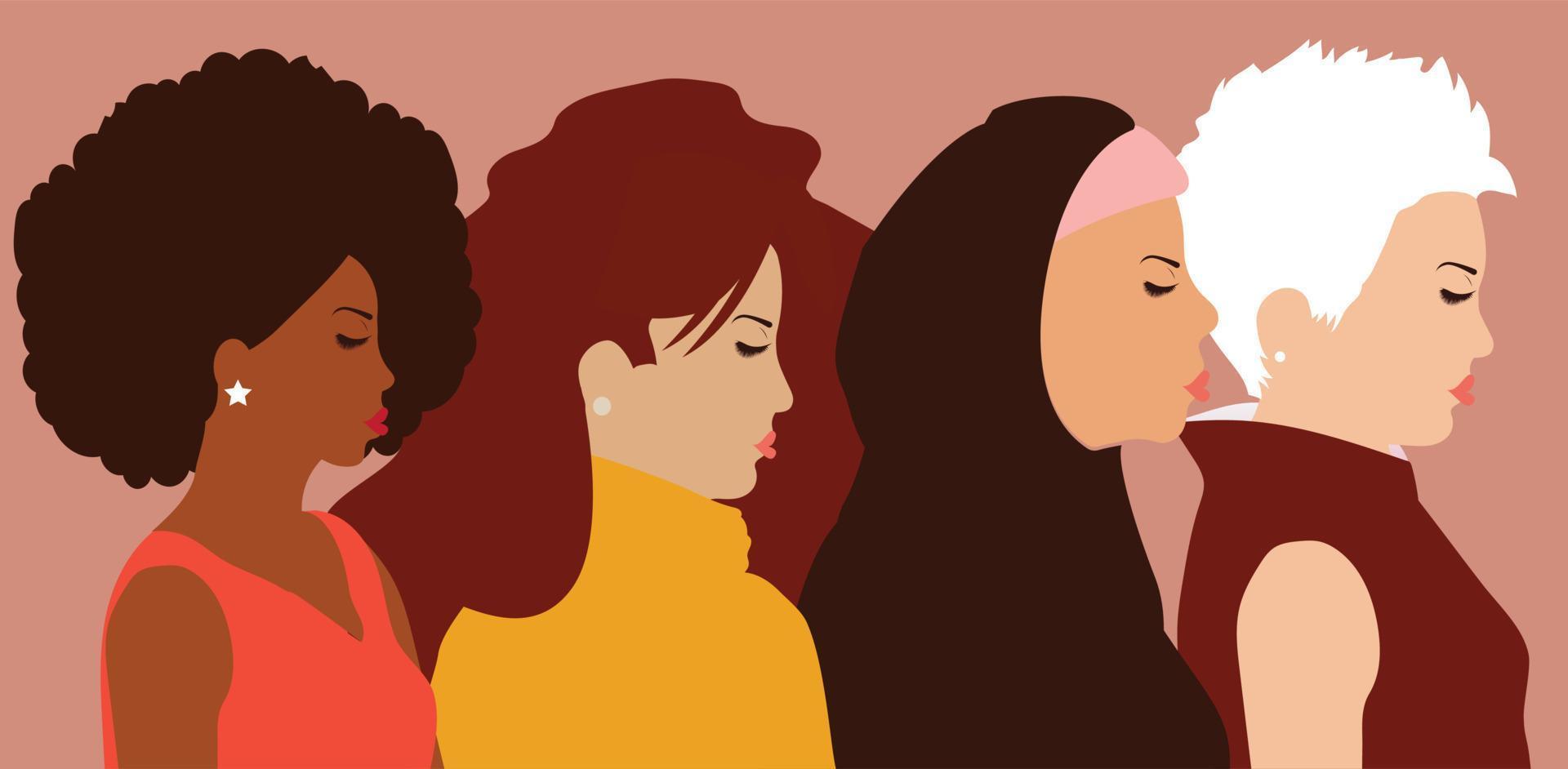 três mulheres de muitas etnias unidas e em pé. grupo de meninas diferentes representam irmandade e liberdade. direitos das mulheres, igualdade de gênero. conceito de movimento de empoderamento da mulher. ilustração vetorial vetor