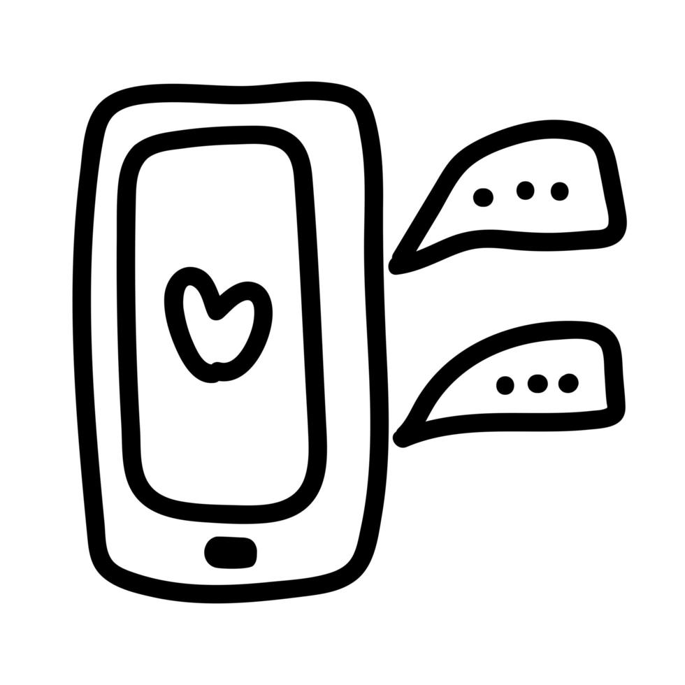 dia dos namorados doodle ícone bate-papo no celular, carta dos namorados. mensagem de amor com coração, bolhas do discurso. ilustração desenhada à mão para web, banner, cartão, impressão, panfleto, pôster, feriado, adesivo vetor