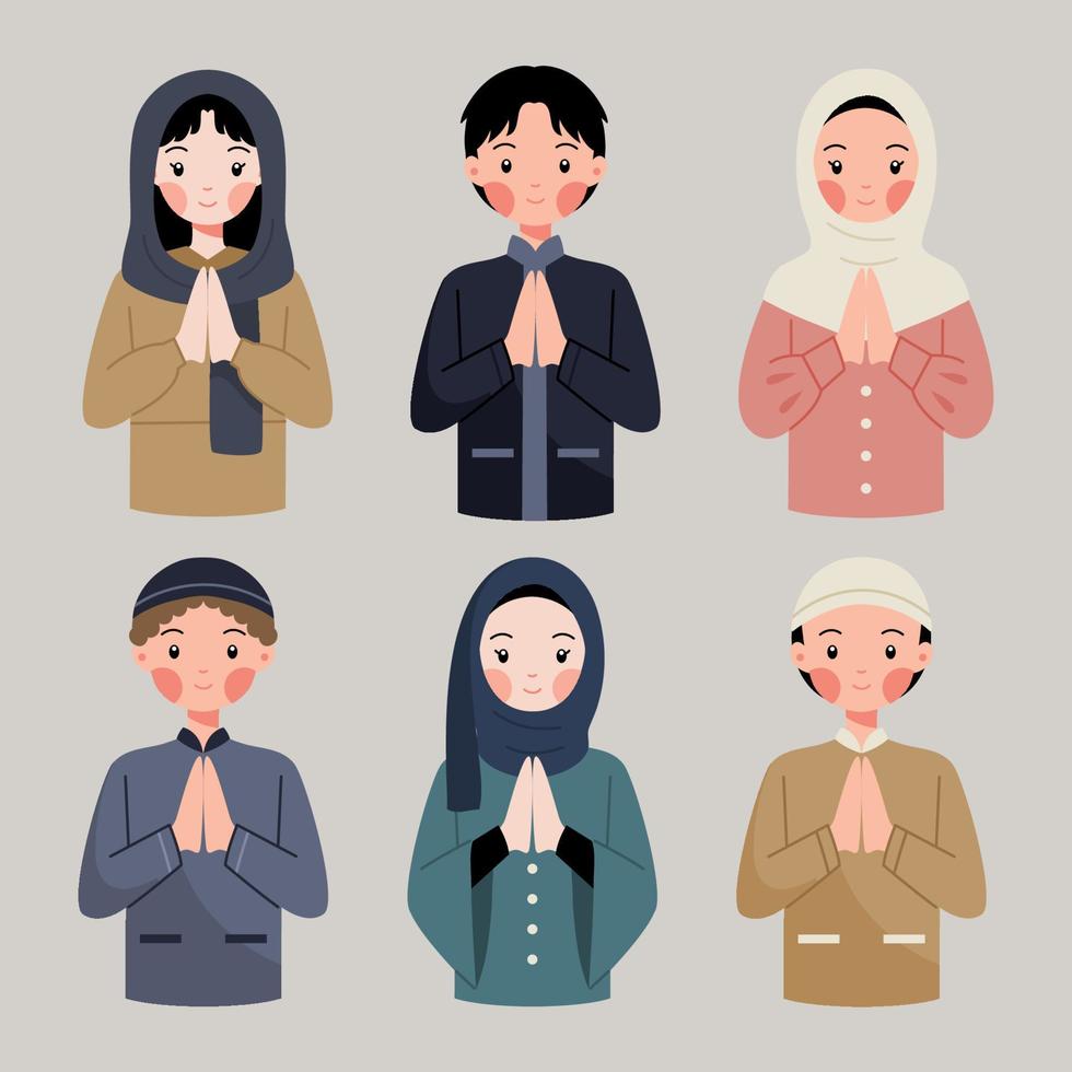 coleção de avatar de desenho animado muçulmano para saudação de eid mubarak e ramadã vetor