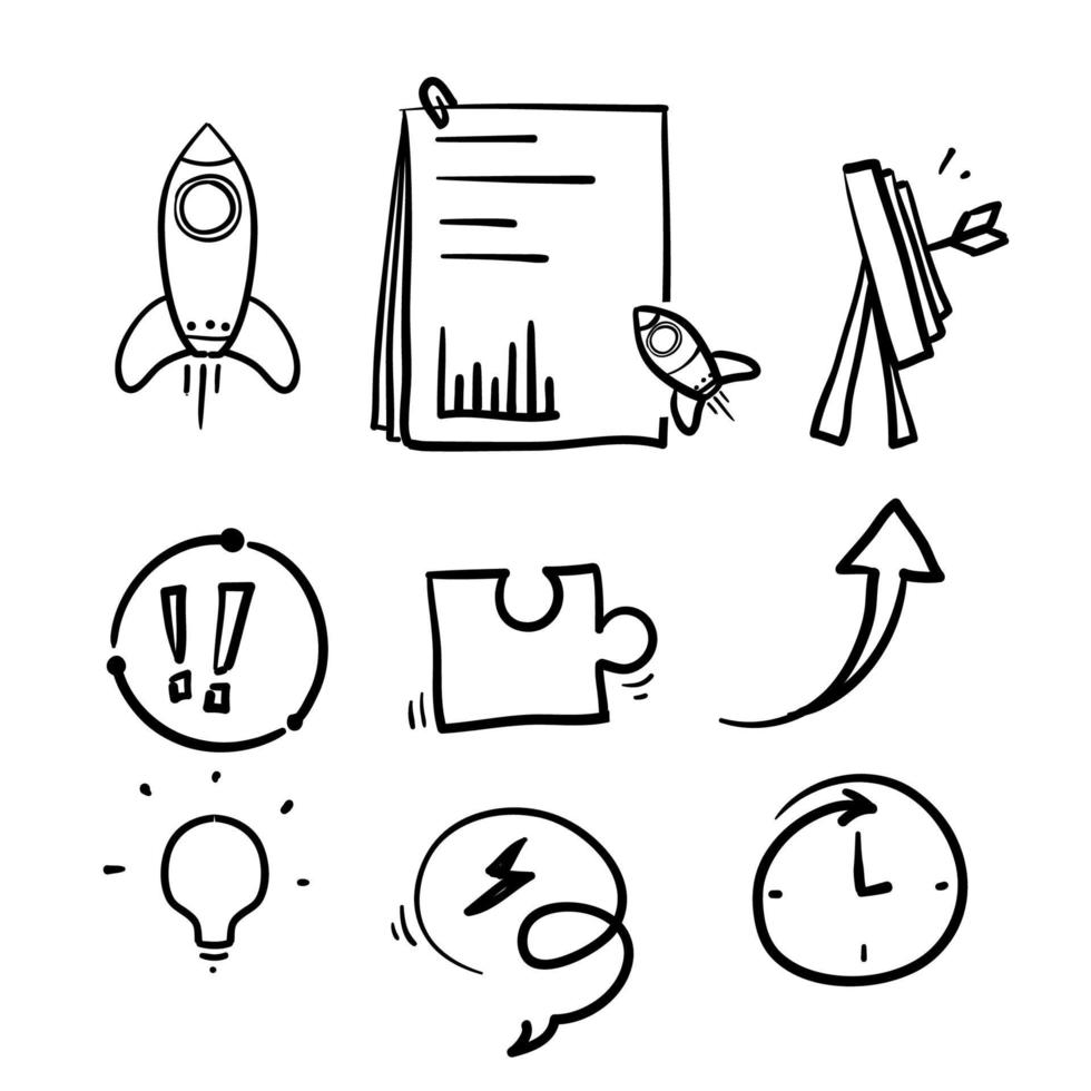 ícones de linha de inicialização desenhados à mão. projeto de lançamento, relatório de negócios e alvo. no vetor de estilo de desenho doodle