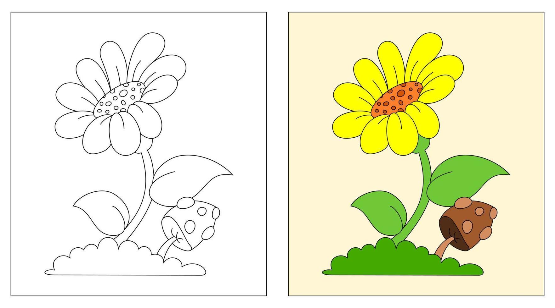 flores e cogumelos para colorir livro ou página, educação para crianças, ilustração vetorial. vetor