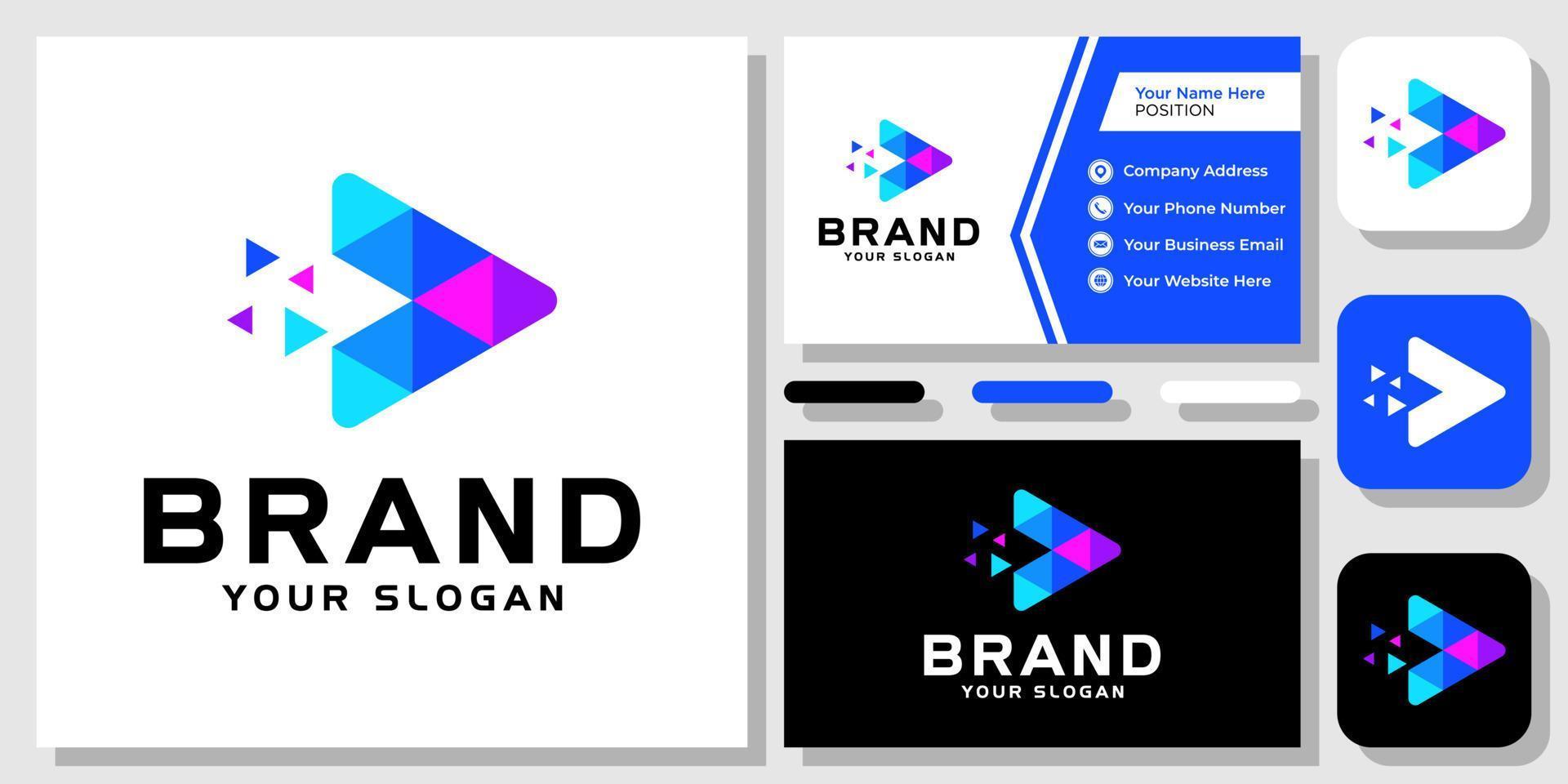 play botão triângulo design de logotipo de mídia de vídeo de tecnologia digital colorida com modelo de cartão de visita vetor