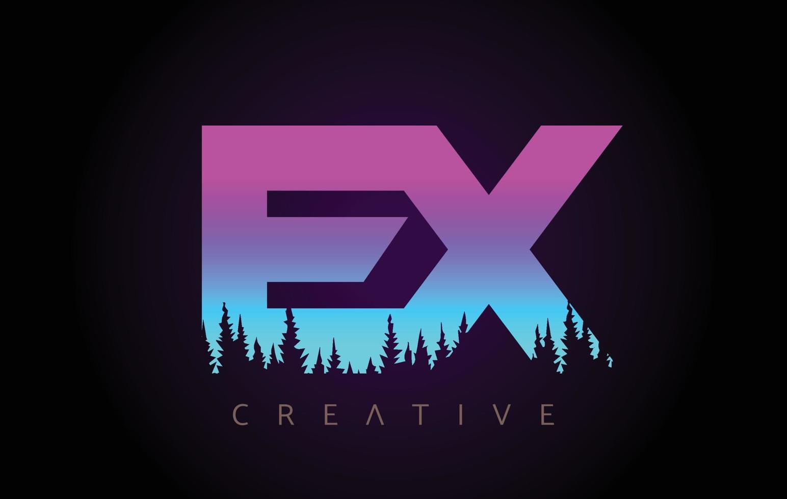 design de logotipo de ex letras com cores azuis roxas e ícone de vetor de conceito de árvores de floresta de pinheiros