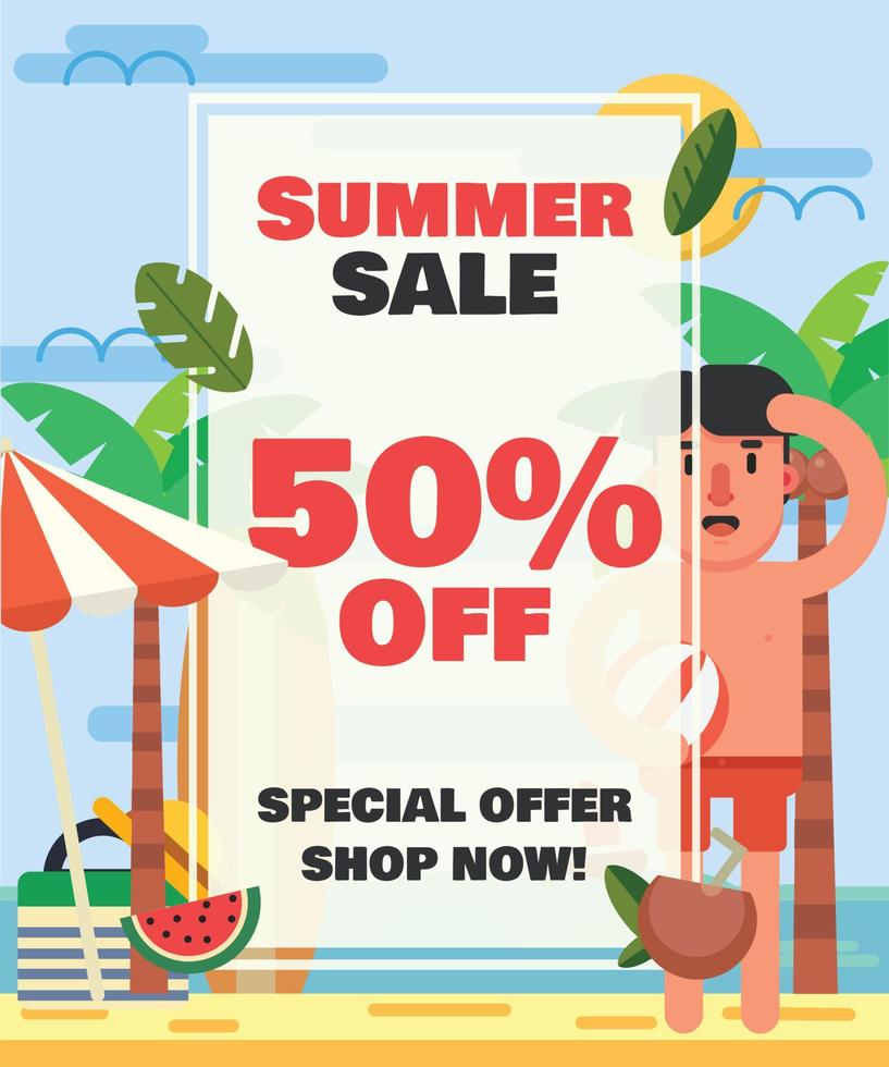 cartaz de ilustração de venda de verão com coisas de verão, um turista e praia ao fundo vetor