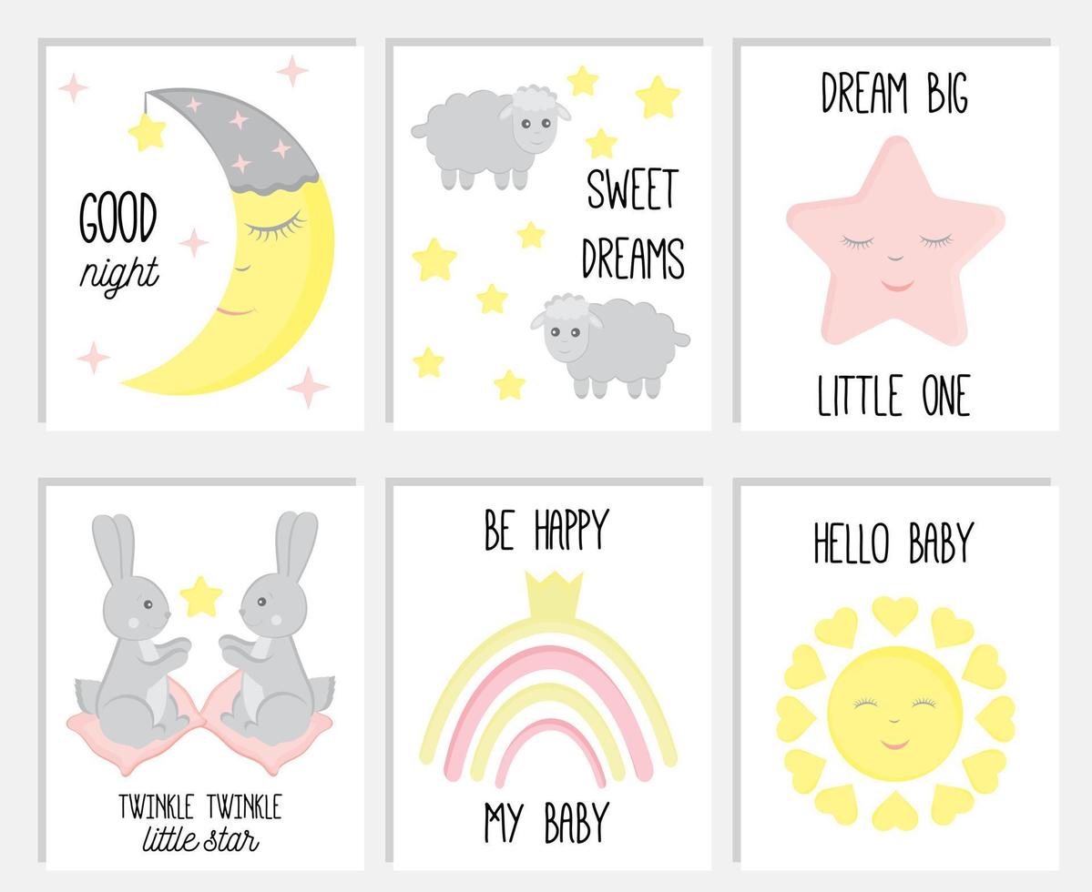 conjunto de cartões de bebê recém-nascido fofo com lua, nuvem, estrela, coelho, ovelhas frases de caligrafia moderna bons sonhos, pequena estrela cintilante, boa noite. vetor