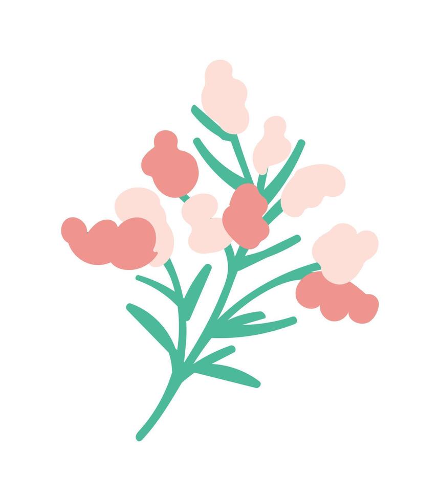 galho com inflorescências e folhas para design. Olá Primavera. lindo ramo com flores para cartões, cartazes, cartões, adesivos, decorações. ilustração vetorial em fundo branco isolado vetor