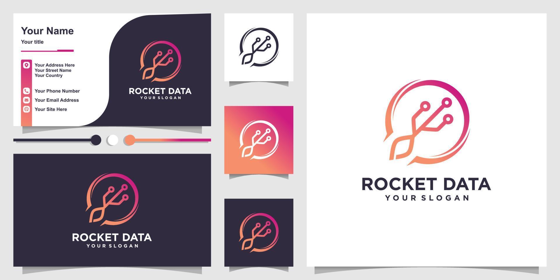 logotipo de foguete com conceito de dados e vetor premium de design de cartão de visita