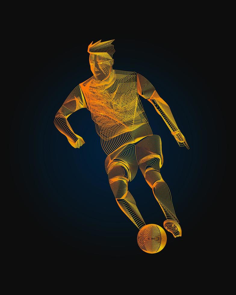 arte de linha de figura de jogador de futebol. ação humana em linhas de movimento. chutando bola. vetor