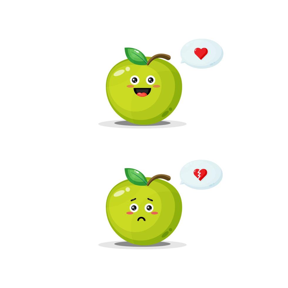 personagem de maçã verde bonito com expressões felizes e tristes vetor
