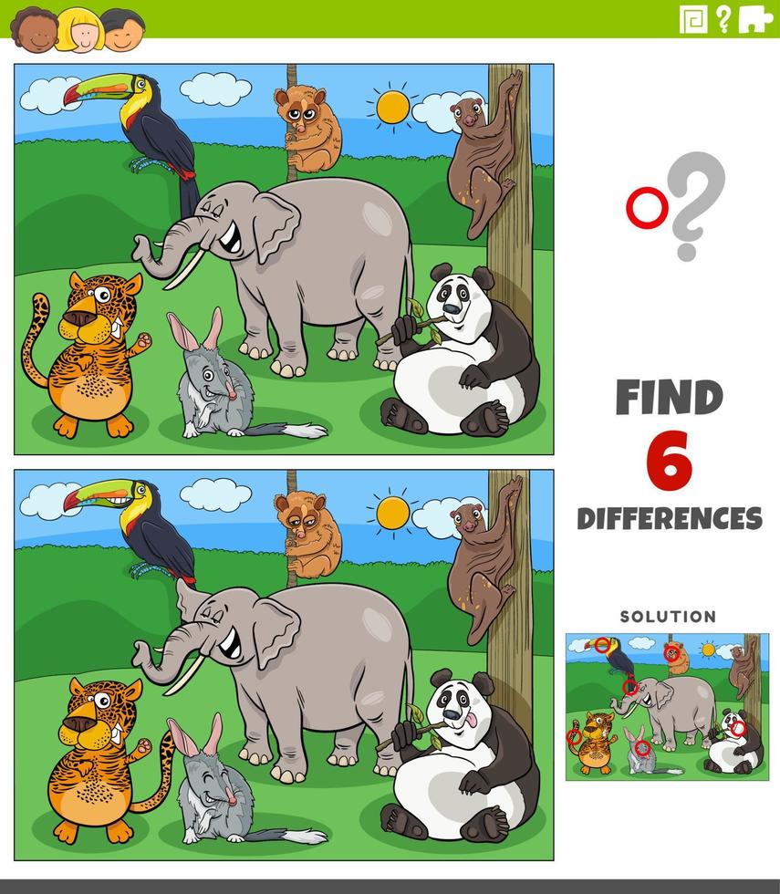 jogo educacional de diferenças com animais engraçados dos desenhos animados vetor