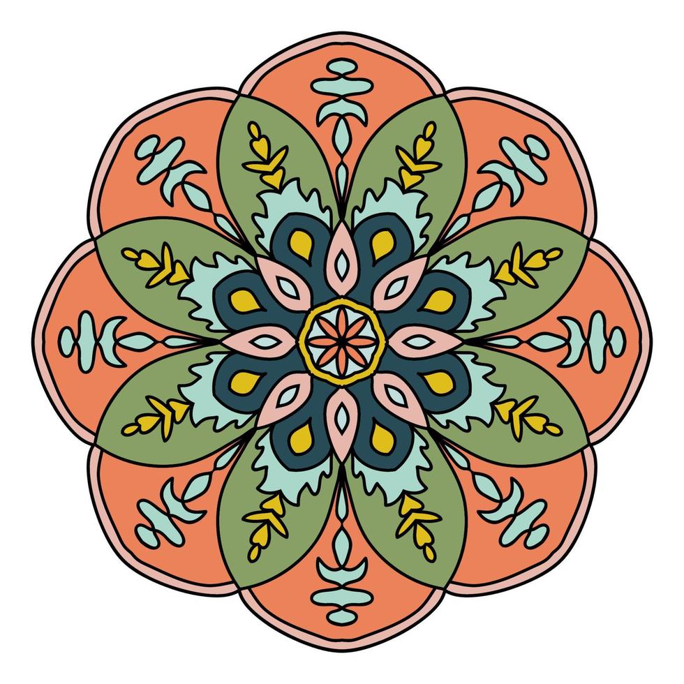 mandala colorida fofa. flor ornamental doodle redondo isolado no fundo branco. ornamento decorativo geométrico em estilo étnico oriental. vetor