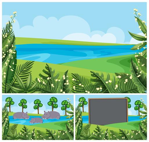 Cenas de fundo com hipopótamo no rio vetor