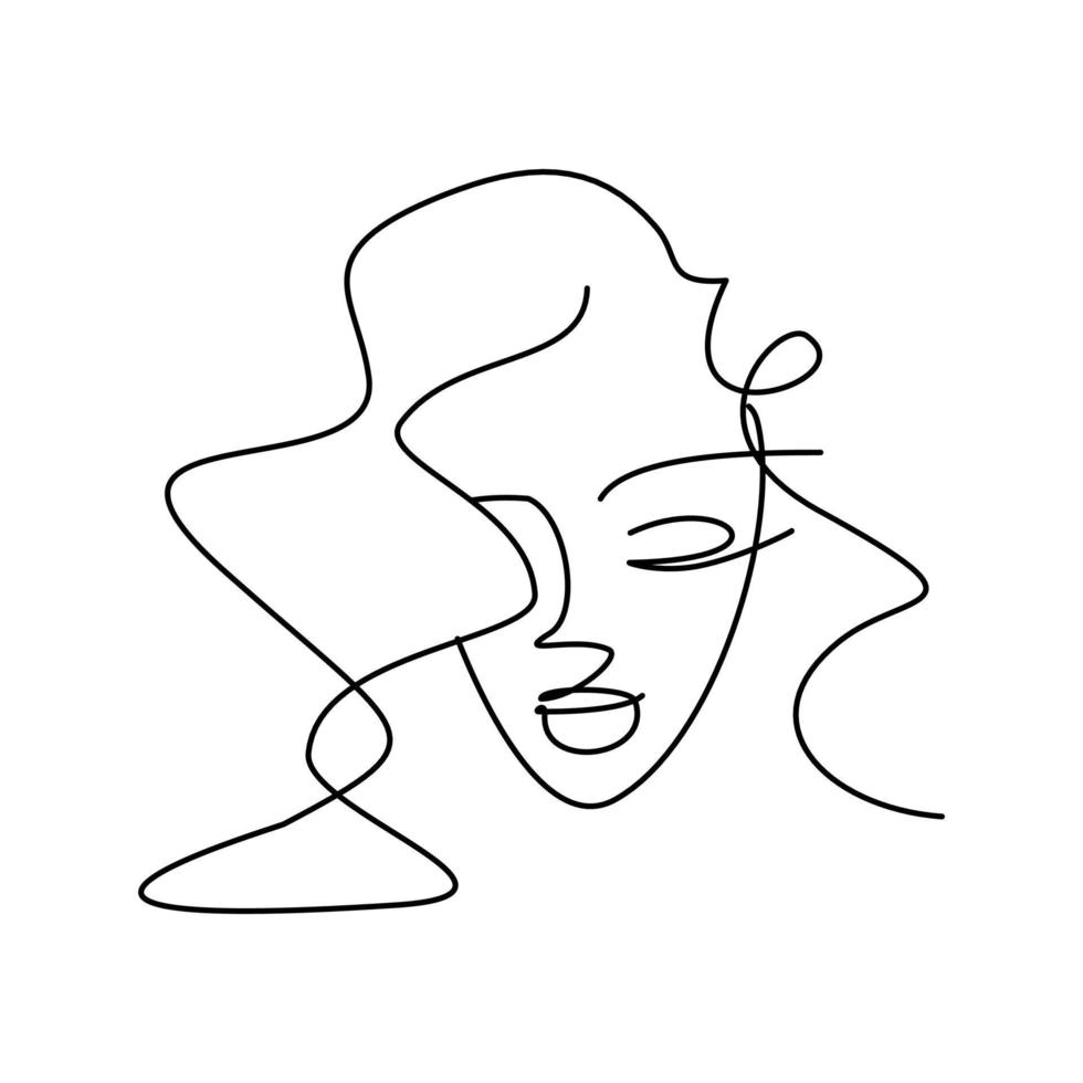 retrato de menina por linha contínua. rosto - um desenho de linha. logotipo para um salão de beleza - um lindo rosto feminino, penteado vetor