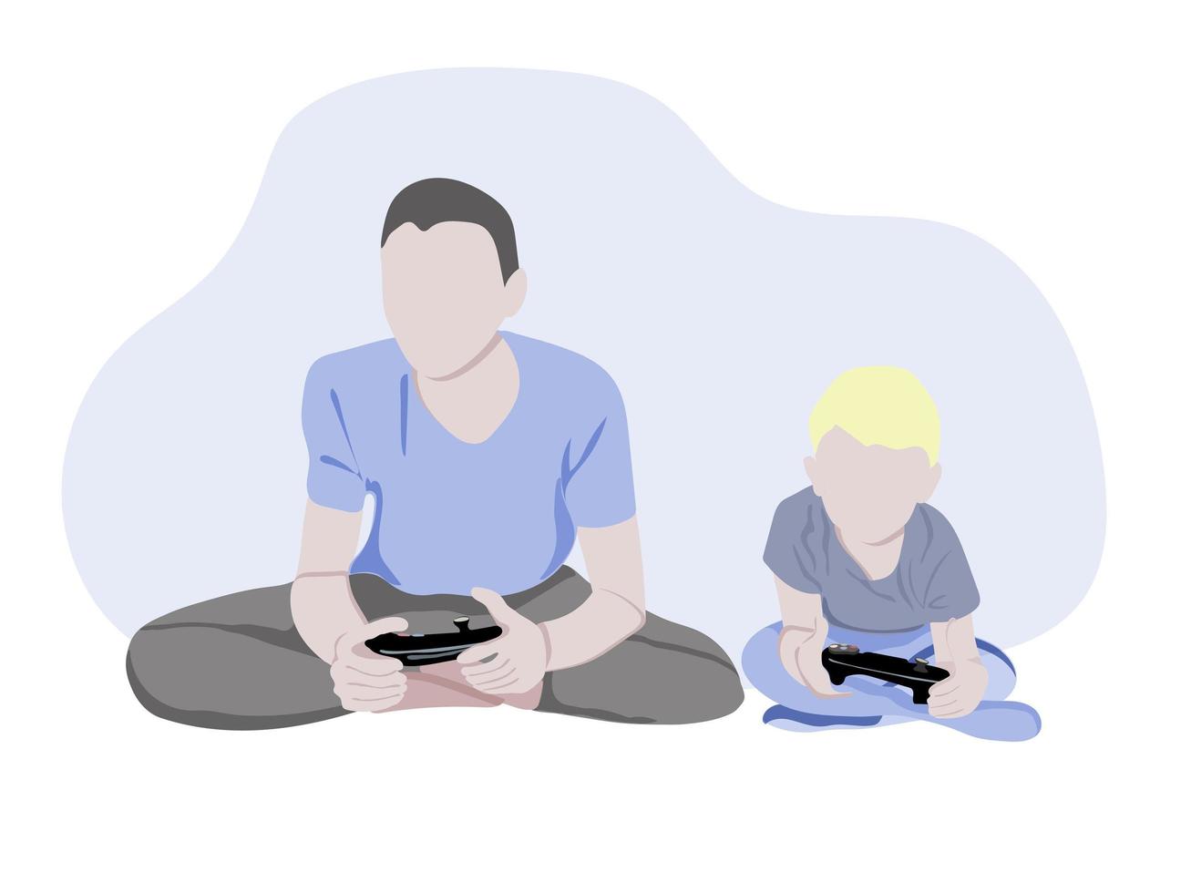 pai de família com filho jogando videogame - ilustrações de personagens de desenhos animados isoladas no fundo branco. um jovem pai e seu filho estão sentados, se divertindo e brincando juntos. vetor