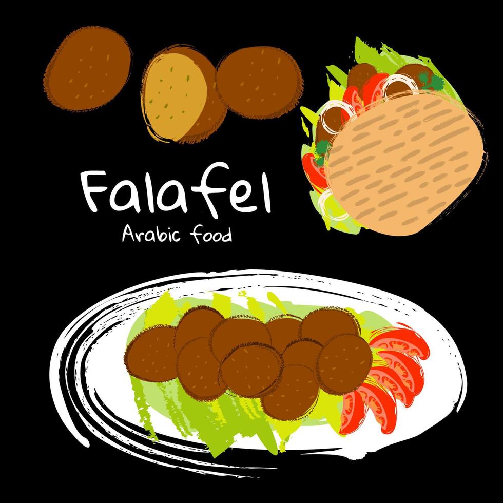 ilustração vetorial falafel de comida árabe e judaica tradicional, falafel em pita em fundo preto vetor