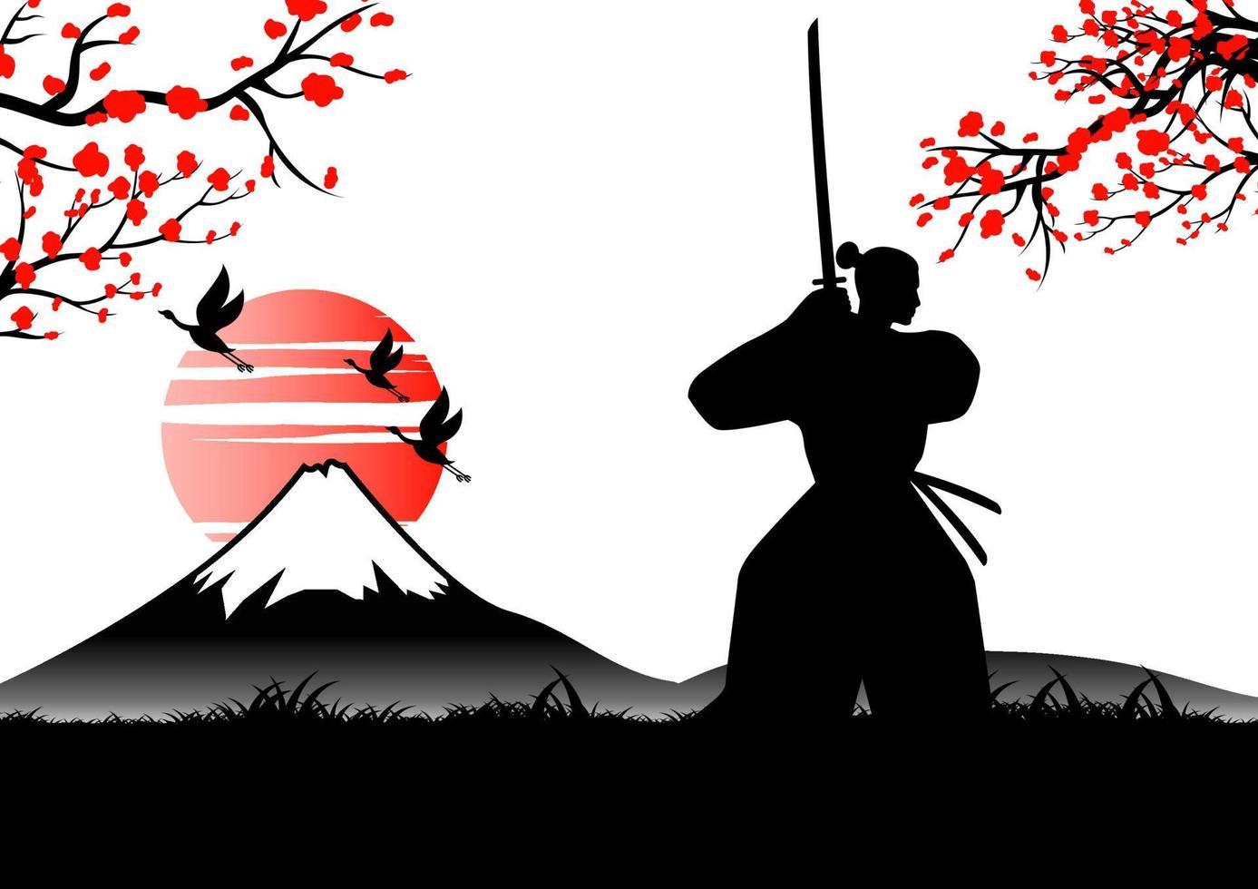 arte japonesa com design antigo de espada de treinamento samurai perto do monte fuji vetor