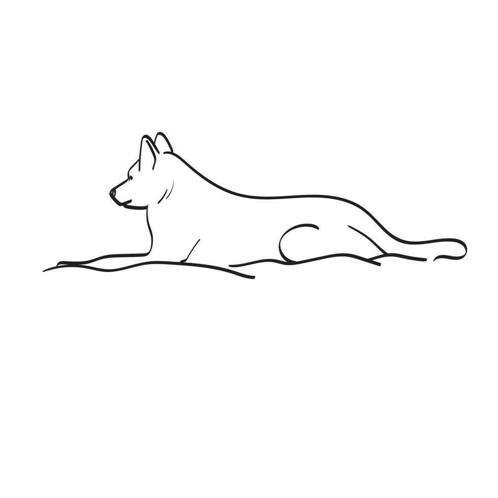 cão de vista lateral deitado na cama ilustração vetorial desenhado à mão isolado na arte de linha de fundo branco. vetor