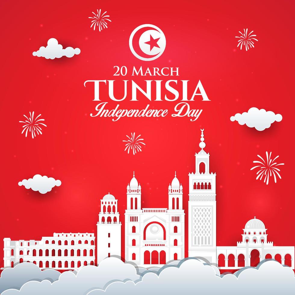 ilustração em vetor de celebração do dia da independência da tunísia com skyline da cidade em estilo de corte de papel.