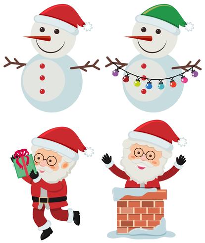 Dois bonecos de neve e Papai Noel no fundo branco vetor
