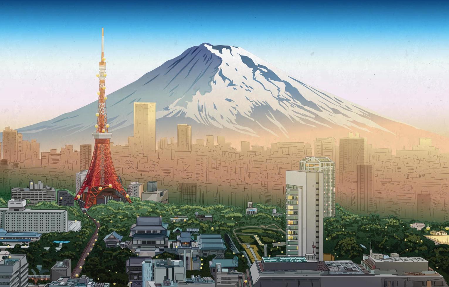 cidade de tóquio japão ao pôr do sol em fundo de estilo ukiyo-e vetor