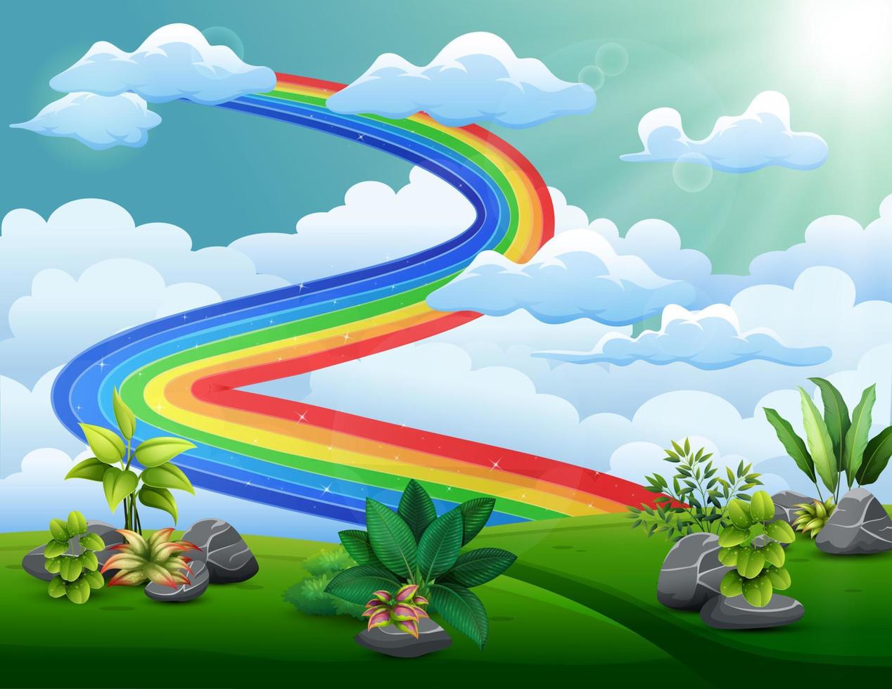 ilustração de um arco-íris com céu nublado acima das colinas vetor