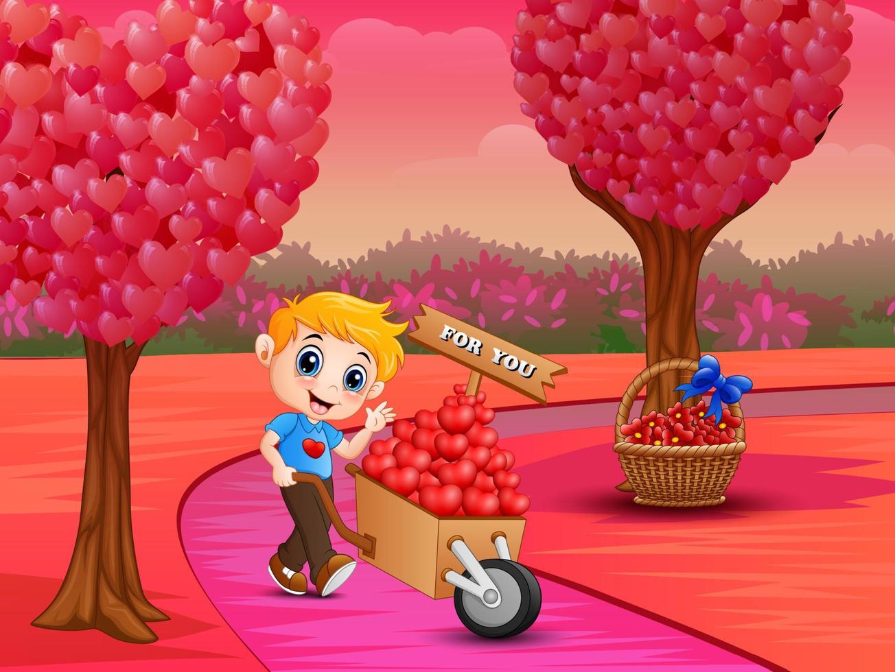 menino empurrando uma pilha de corações no carrinho de madeira em uma estrada rosa vetor