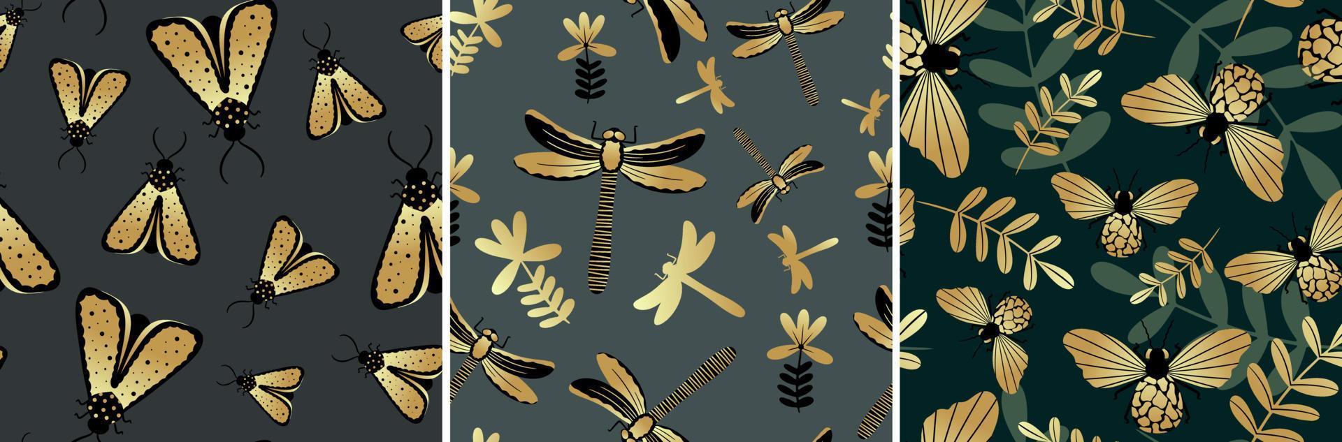 definir borboletas douradas e pretas e libélulas em fundo escuro com padrão sem emenda. ilustração vetorial para o design de tecidos, têxteis, roupas, quimonos, camisas masculinas, embalagens, papel de parede. vetor