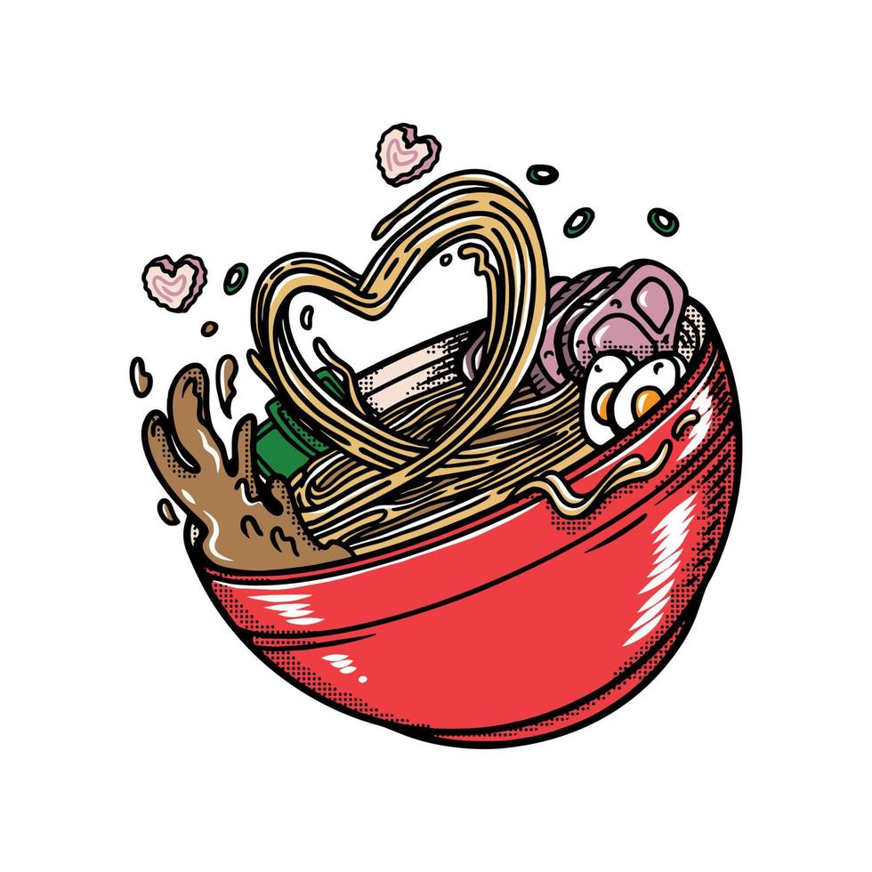 ilustração vetorial de delicioso macarrão ramen japonês na tigela com estilo simples retrô vintage vetor