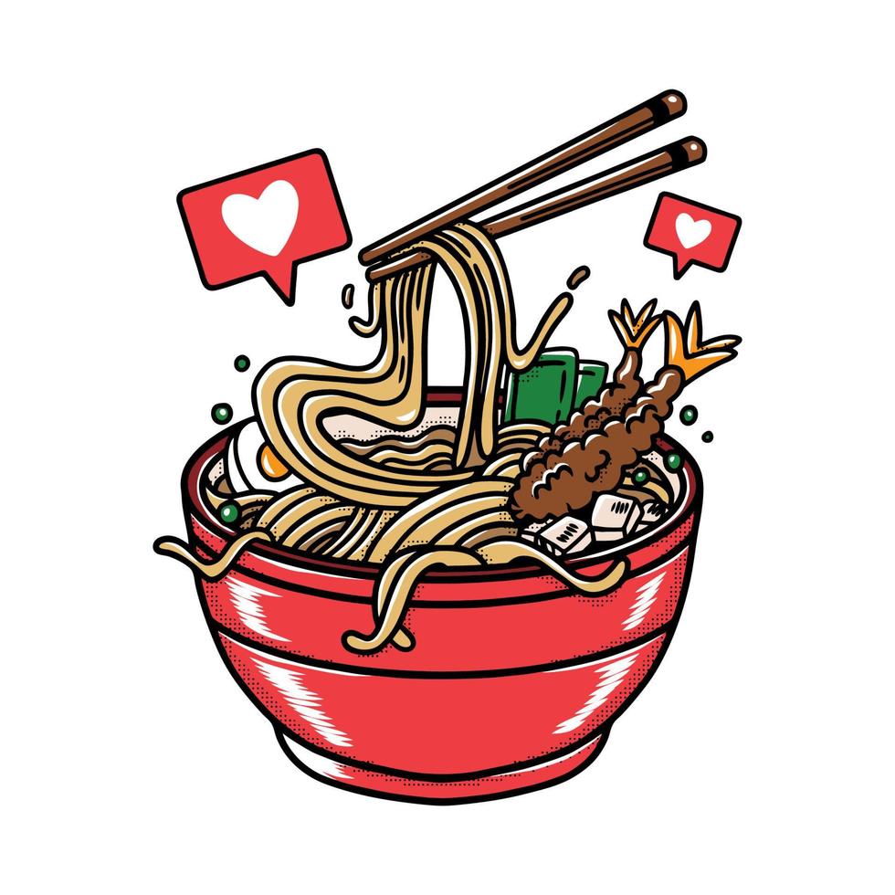 ilustração vetorial de delicioso macarrão ramen japonês na tigela com estilo simples retrô vintage vetor