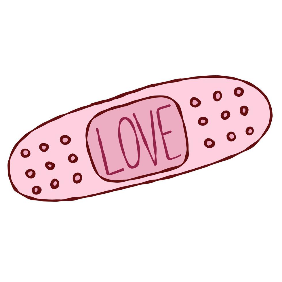 vetor amor de texto de bandagem rosa fofo. doodle em um fundo isolado. impressão, banner, folheto.