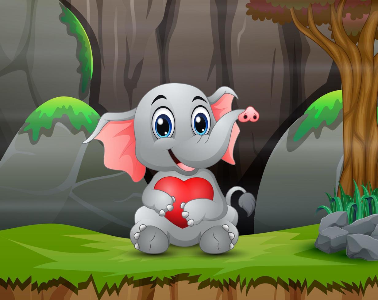 bebê elefante segurando um coração vermelho na floresta vetor