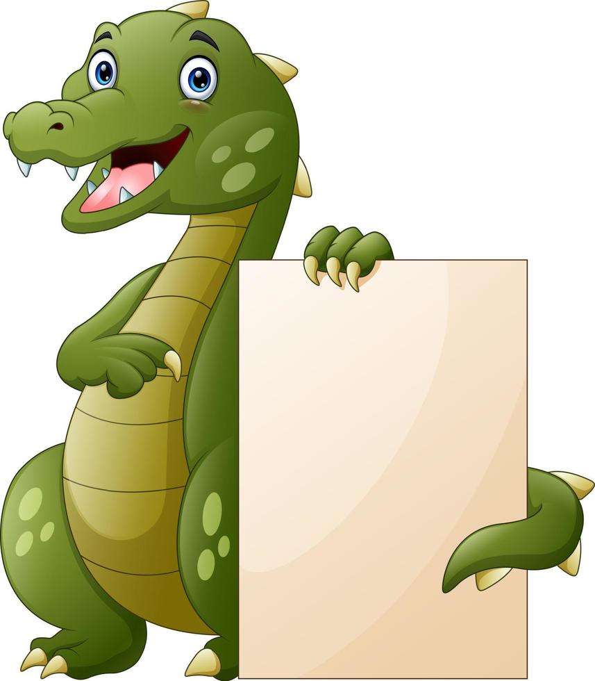 desenho de crocodilo segurando um cartaz em branco sobre fundo branco vetor