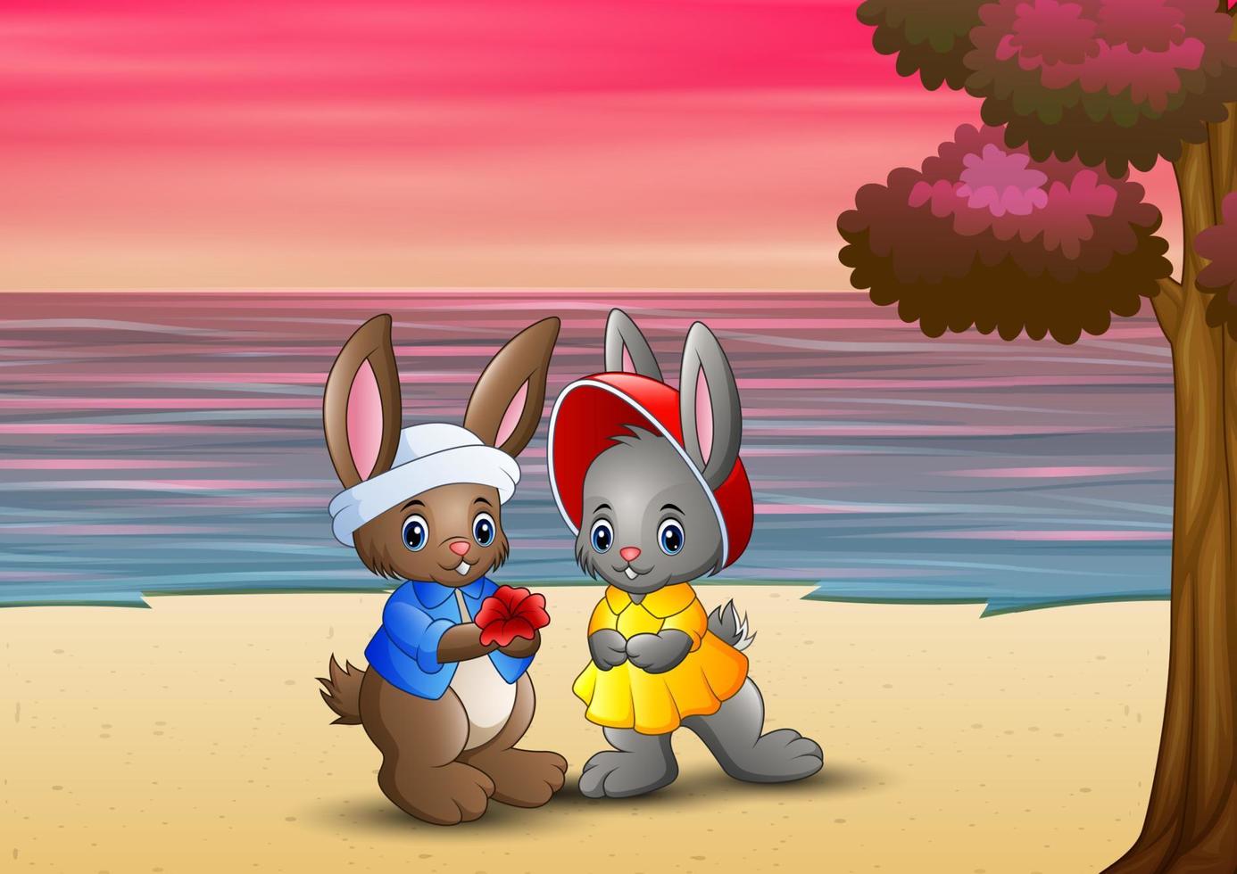 romântico de casal de coelhos amorosos na praia vetor