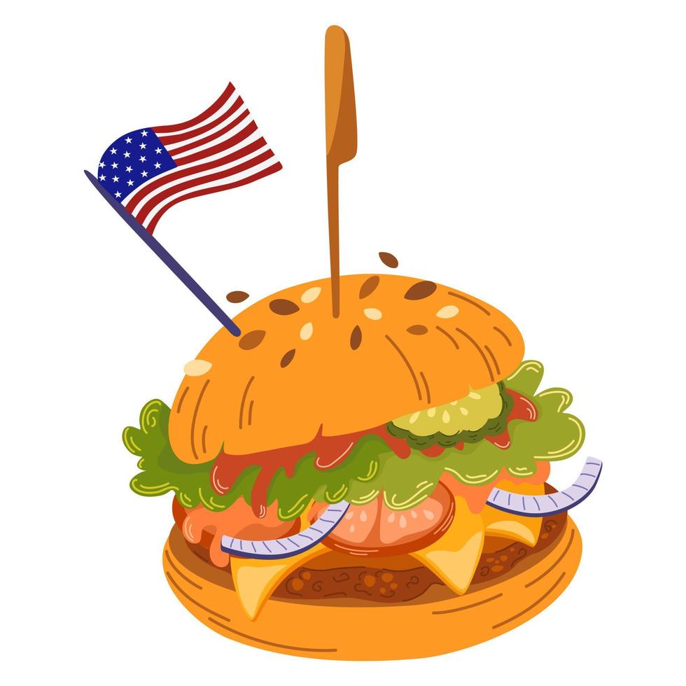 hambúrguer. hambúrguer americano dos desenhos animados com hambúrguer de carne, alface, tomate e queijo. comida rápida deliciosa. perfeito para imprimir menus e cartazes de restaurantes. ilustração vetorial desenhada à mão vetor