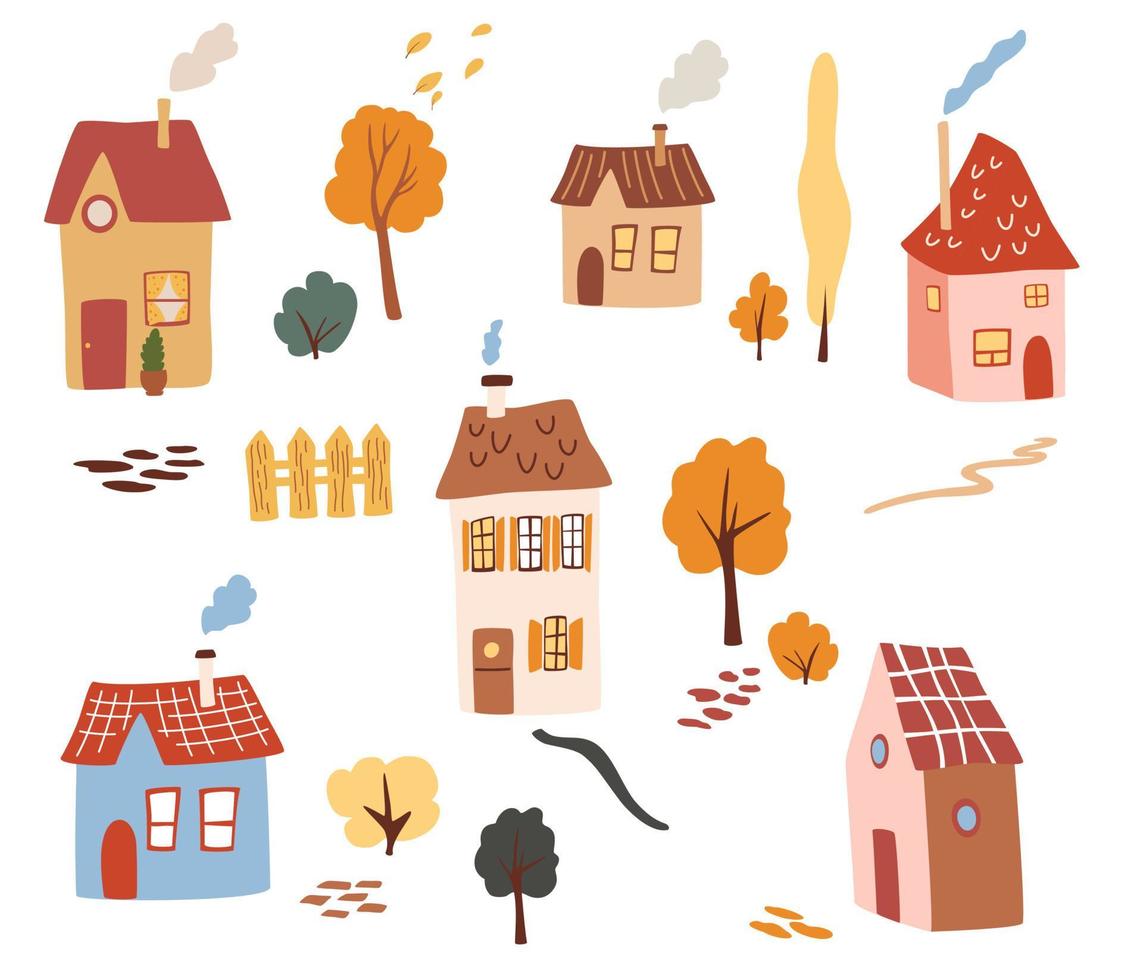 conjunto de clipart de casas diferentes. casas de campo, árvores, gramados, caminhos e arbustos. conceito para padrão têxtil, design de berçário, design de mapa. ilustração vetorial dos desenhos animados, elementos isolados. vetor