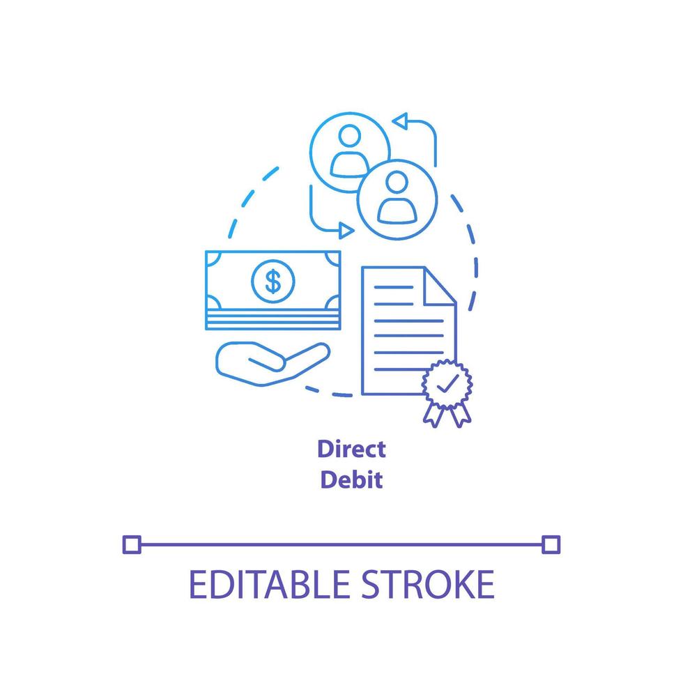 ícone de conceito gradiente azul de débito direto. ilustração de linha fina de idéia de retirada financeira. transação bancária. operação bancária online. Forma de pagamento. desenho de contorno isolado de vetor