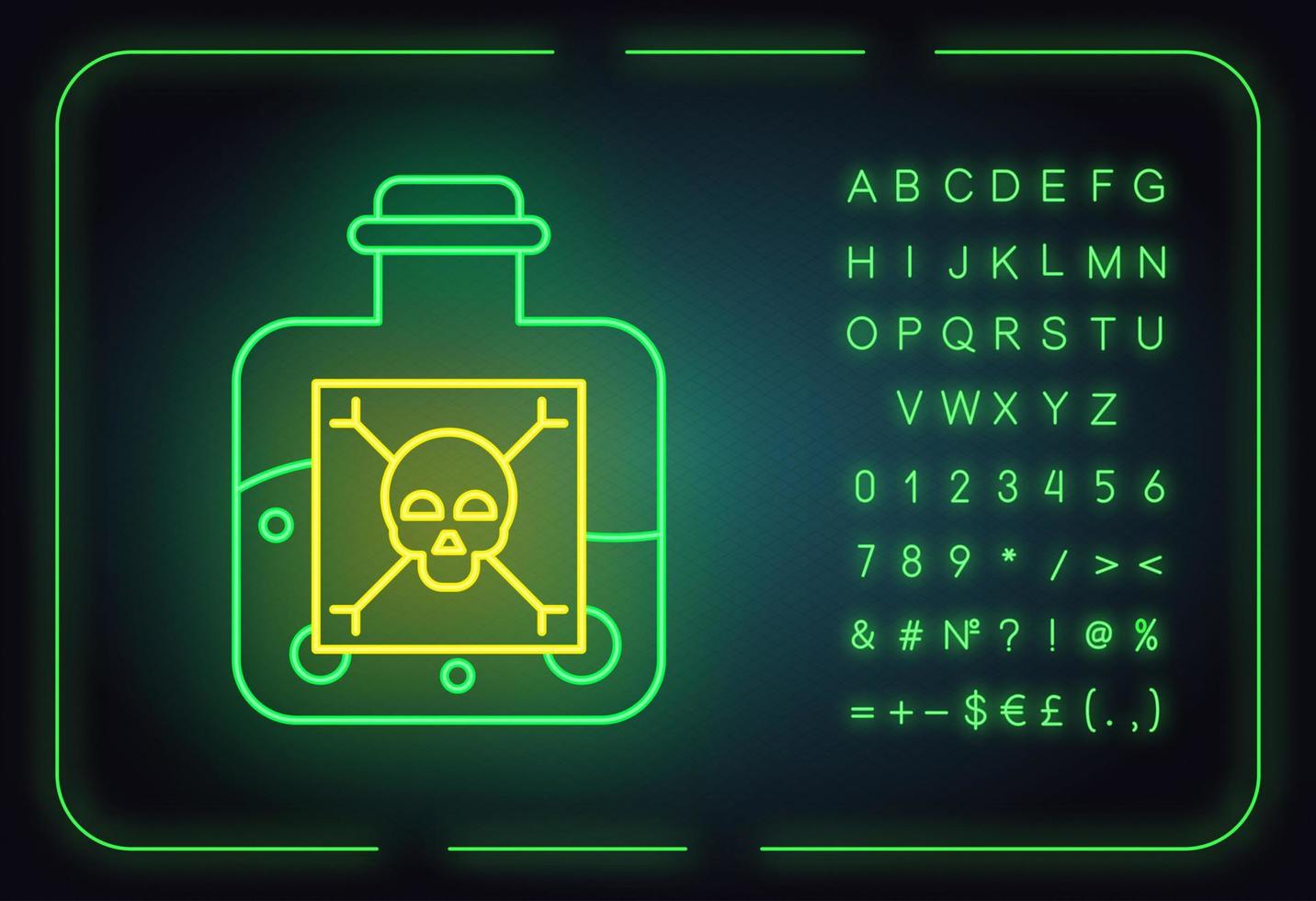 ícone de luz neon venenosa. produtos químicos perigosos. veneno verde em garrafa. química orgânica. substância venenosa e nociva. sinal brilhante com alfabeto, números e símbolos. ilustração vetorial isolada vetor