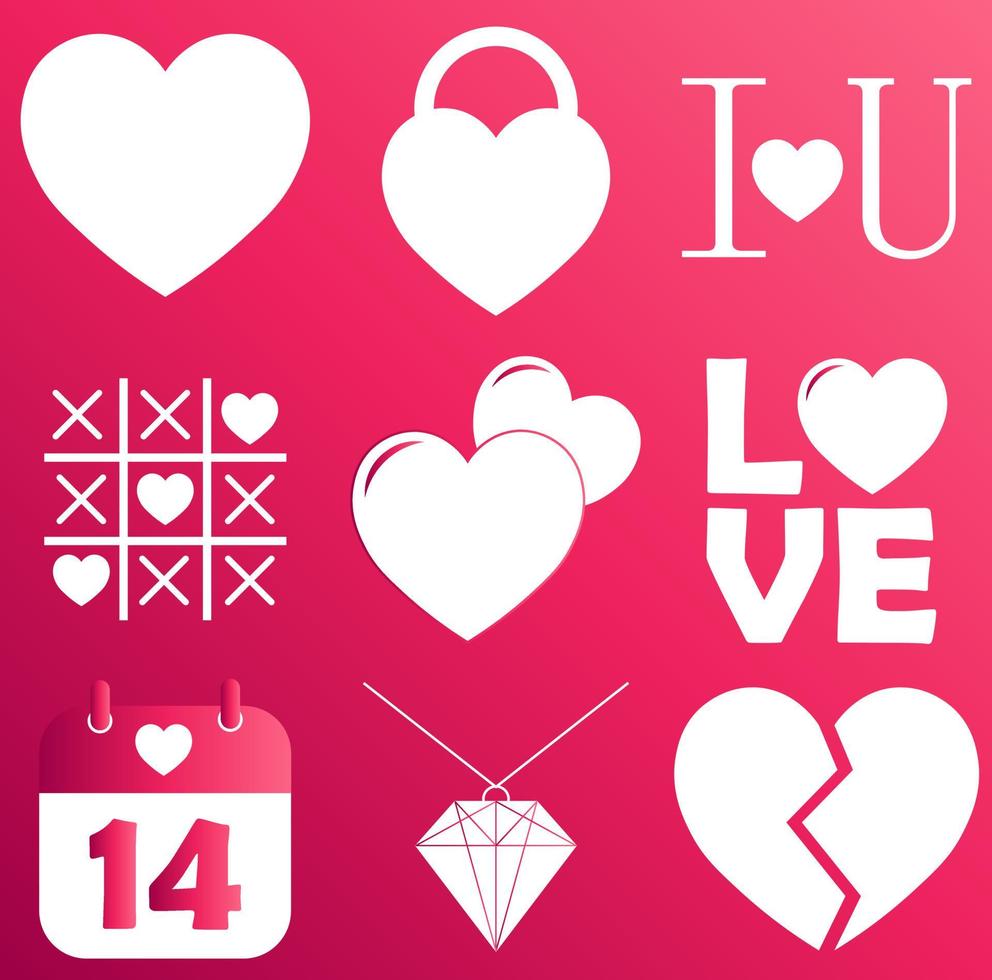 conjunto de ícones de coração no fundo de cor rosa gradiente para st. Dia dos Namorados vetor
