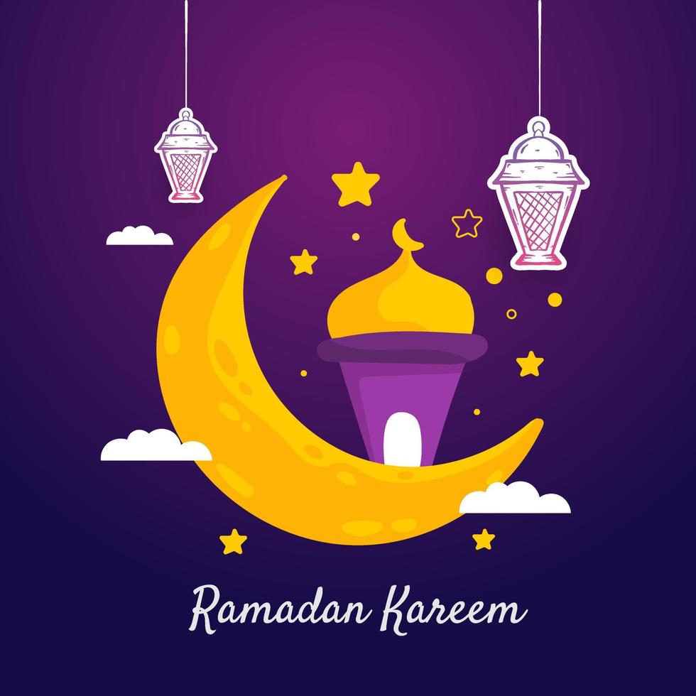 ilustração de ramadan kareem com lua crescente e conceito de lanterna. estilo de desenho plano e desenhado à mão vetor