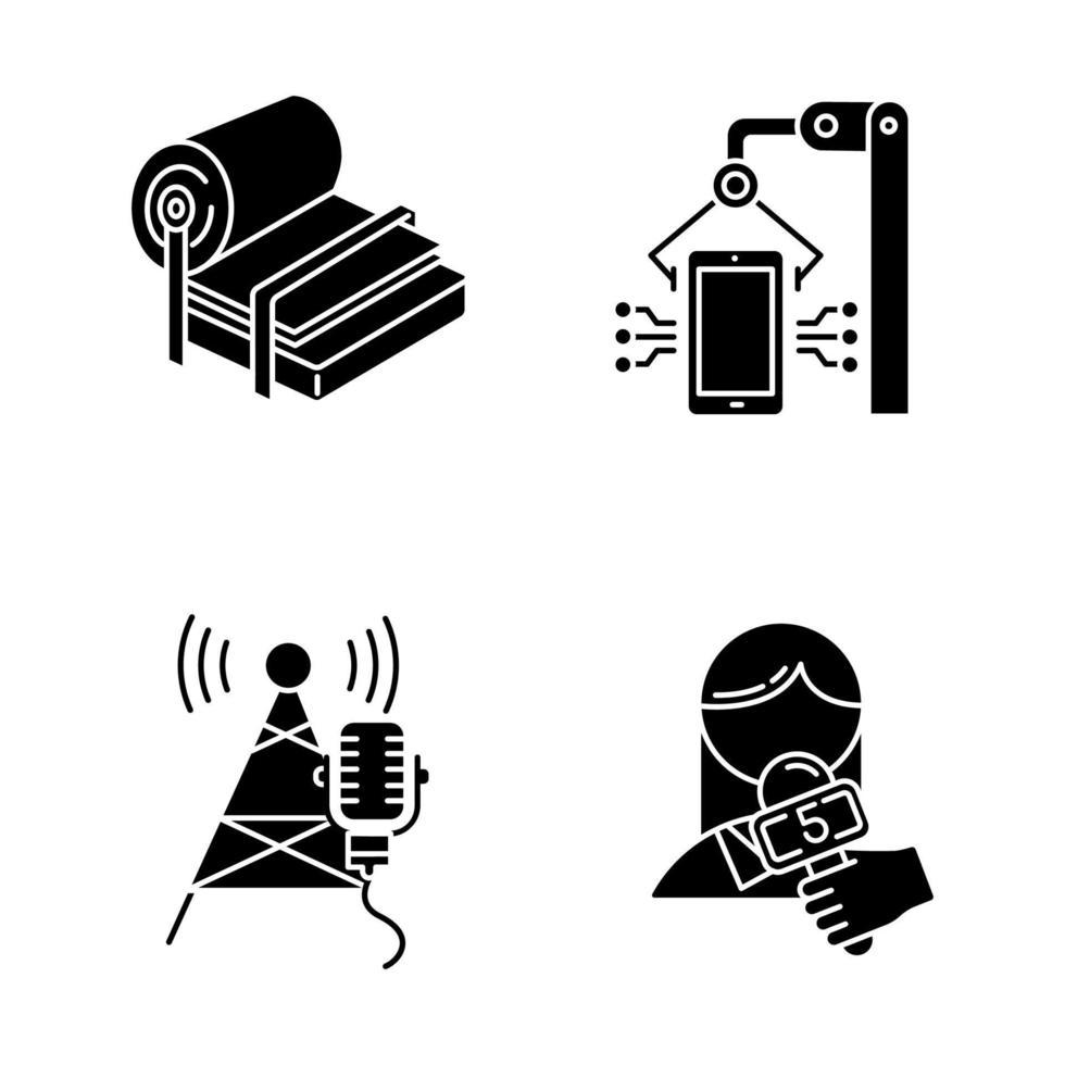 conjunto de ícones de glifo de tipos de indústria. produção de celulose e papel. instalação eletrônica. torre de transmissão. notícias e mídia. pessoa com microfone. símbolos de silhueta. ilustração vetorial isolada vetor