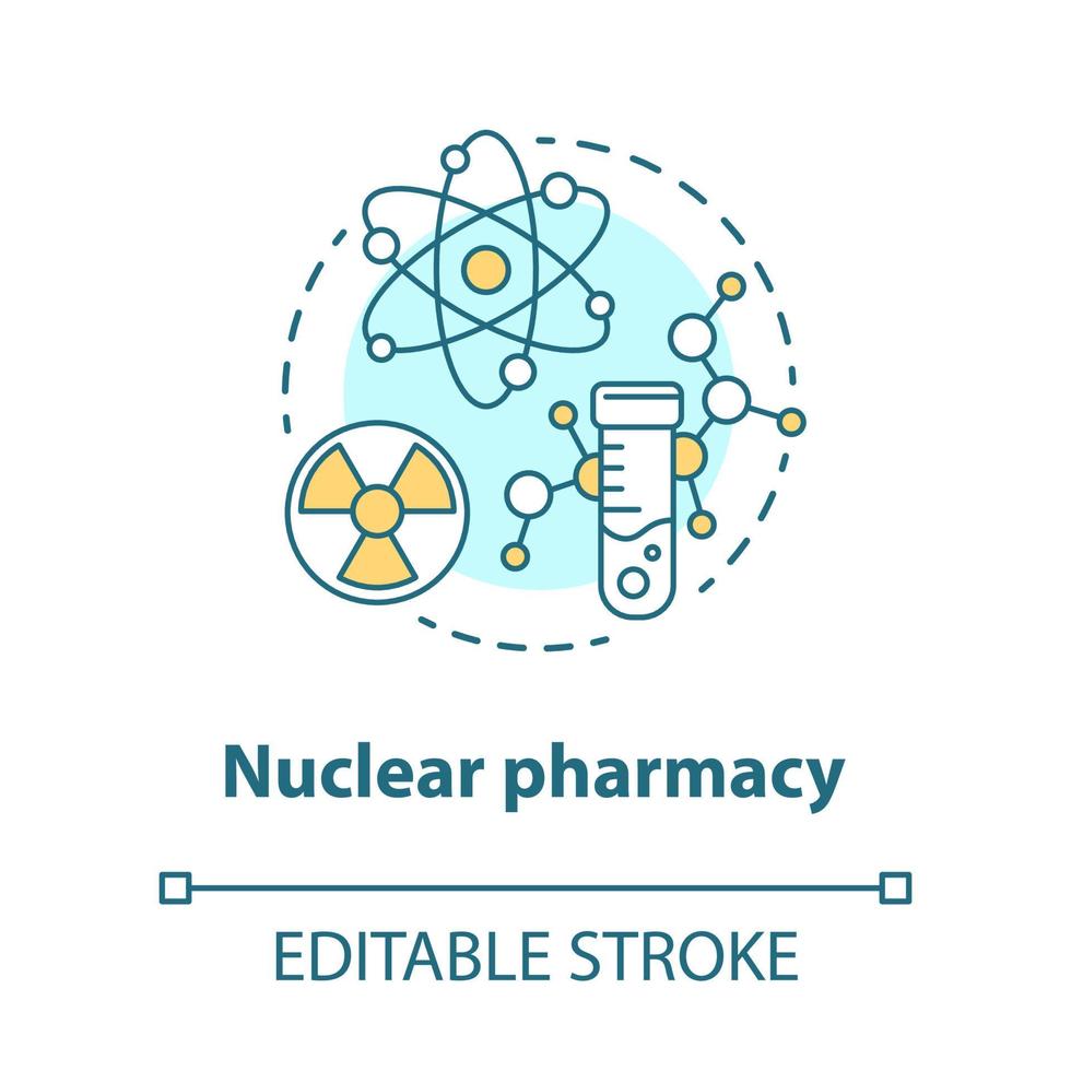 ícone do conceito de farmácia. ilustração de linha fina de ideia de medicação nuclear. pesquisa de elementos radioativos. quimioterapia e drogas radioativas. desenho de contorno isolado de vetor. traço editável vetor