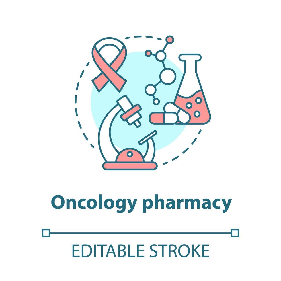 ícone do conceito de farmácia. ilustração de linha fina de idéia de pesquisa de medicação oncologia. descoberta de medicamentos para o câncer. farmacologia e bioquímica. desenho de contorno isolado de vetor. traço editável vetor