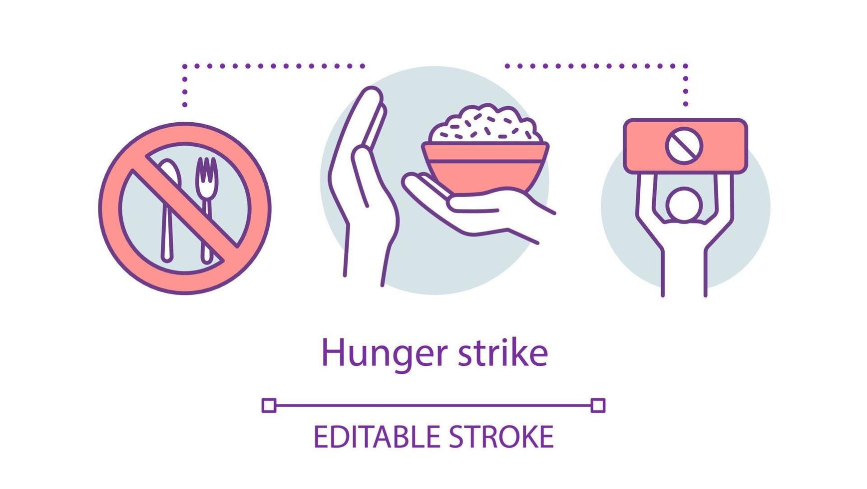 ícone do conceito de greve de fome. recusa voluntária de alimentos, ilustração de linha fina de ideia de protesto não violento. talheres com sinal de stop, tigela de arroz e desenho de contorno isolado de vetor de manifestante. traço editável