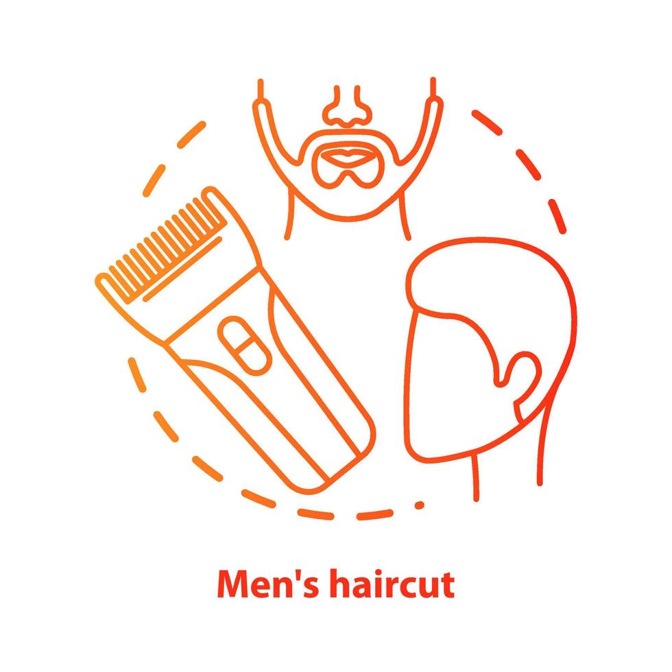 ícone de conceito de corte de cabelo de homens. ilustração de linha fina de ideia de barbearia. cuidados e tratamento capilar. equipamento de salão de cabeleireiro, ferramenta de cabeleireiro. desenho de contorno isolado vetor gradiente vermelho. traço editável